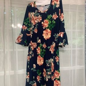 Reb and J Navy Floral Bell Sleeve XL Midi Dress